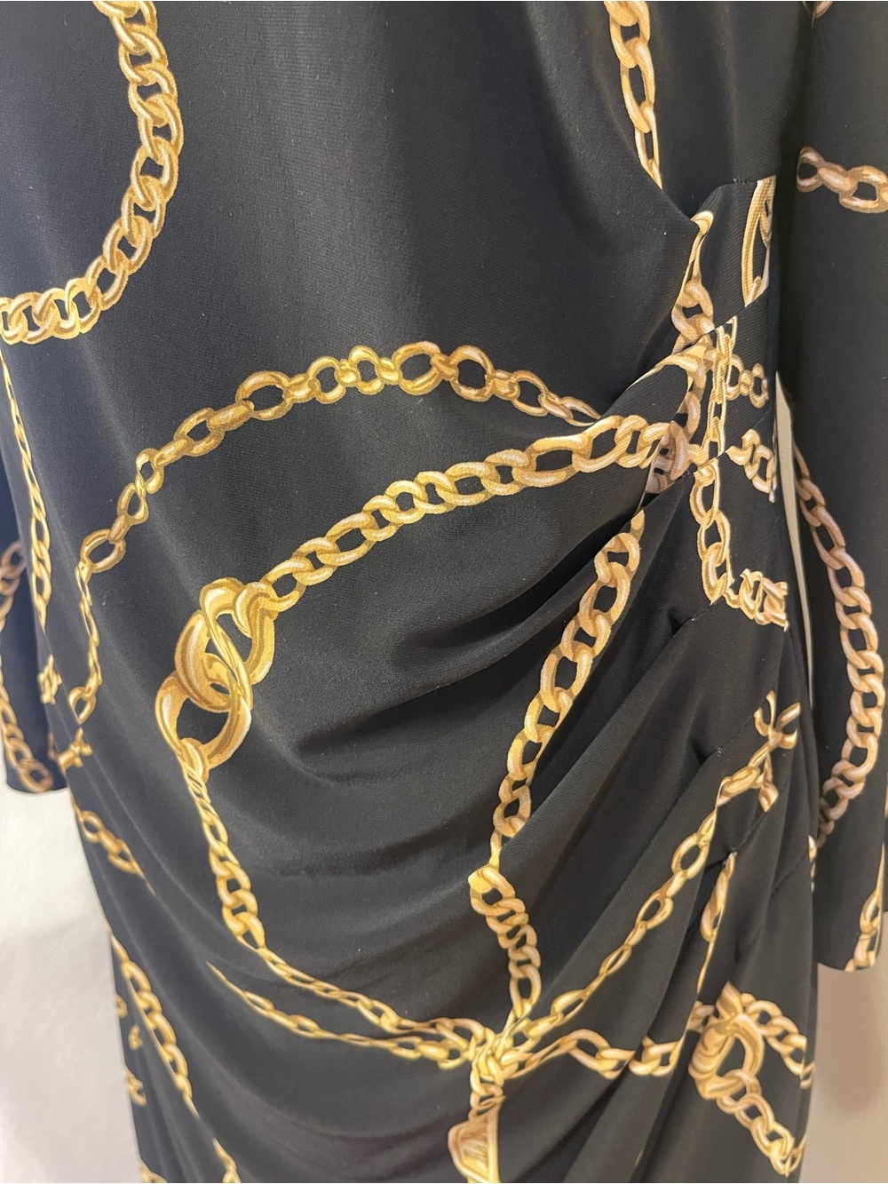 Lauren Ralph Lauren Black Gold Chain Print Faux Wrap Dress 14 Stretchy Ruched - Picture 9 of 16